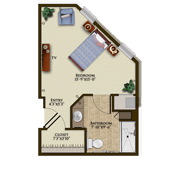 A one-bedroom apartment floor plan featuring a bedroom, bathroom, and closet.