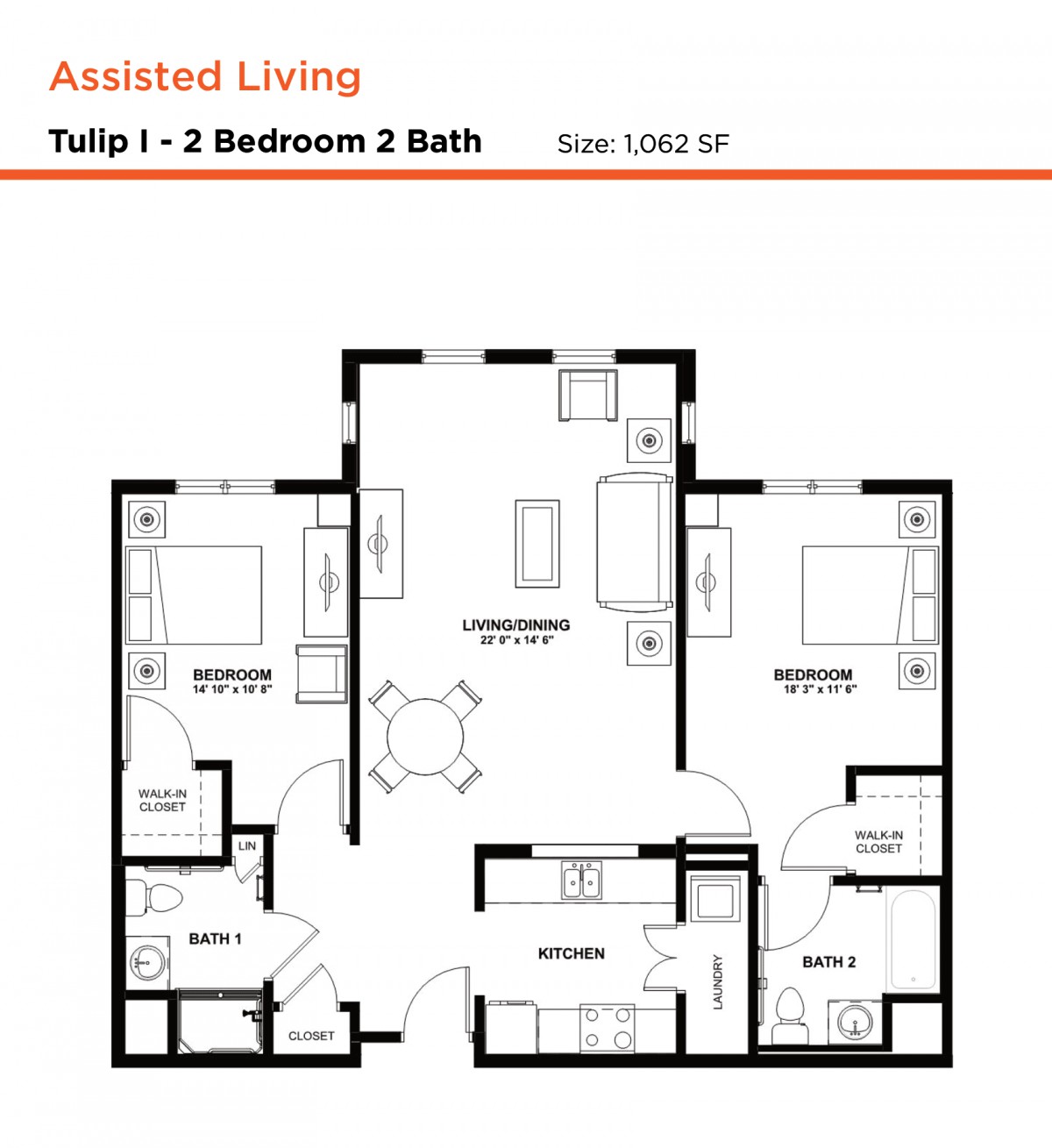 Floor plan of an assisted living apartment with 2 bedrooms and 2 bathrooms.