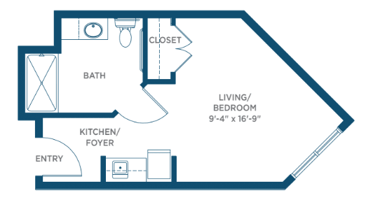 Studio apartment floor plan with living/bedroom, kitchen, and bath.