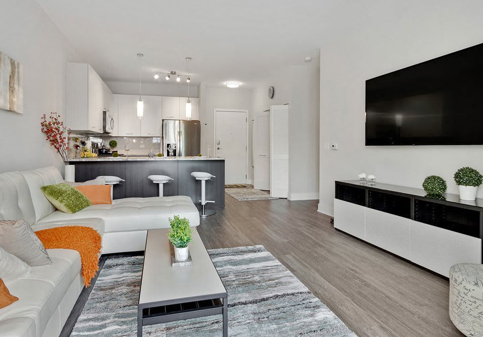 Contemporary open-concept living room and kitchen with modern furnishings and decor.