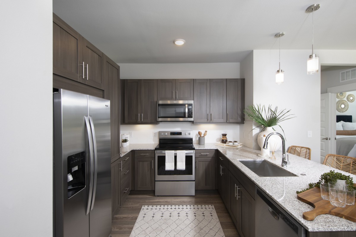 A modern kitchen with stainless steel appliances and dark cabinetry.