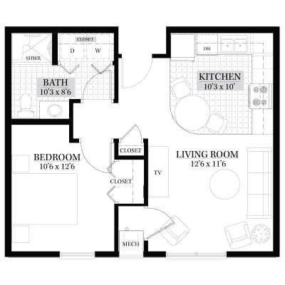 Floor plan of a one-bedroom apartment with kitchen, living room, bathroom, and closet.
