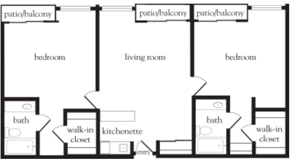 A floor plan of an apartment featuring a living room, kitchenette, walk-in closet, bathroom, and patio/balcony.