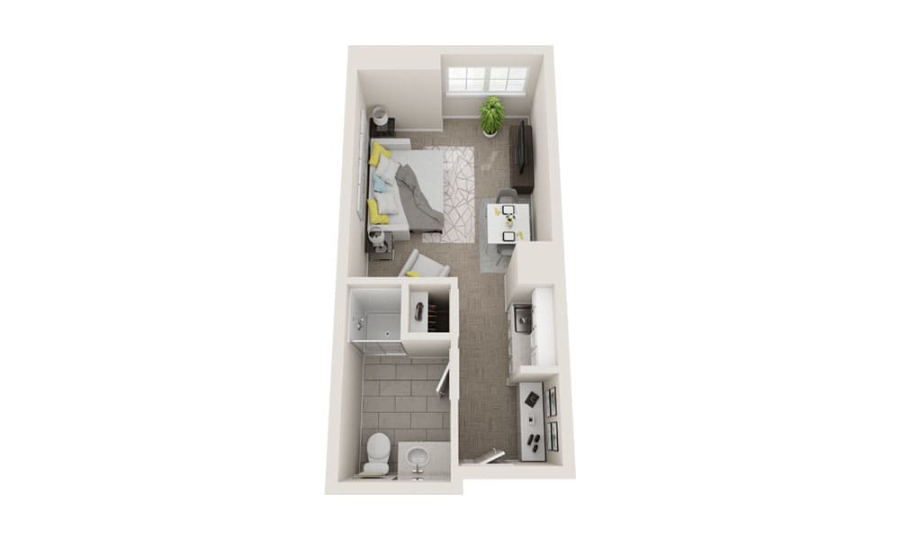 A 3D floor plan of a compact studio apartment showcasing an efficient layout with a combined living and sleeping area, kitchenette, and bathroom.