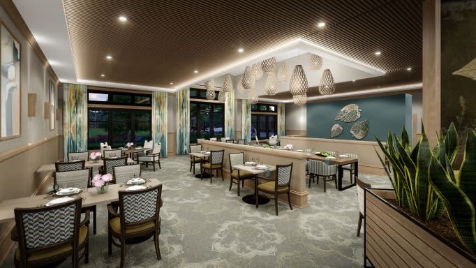A modern restaurant interior with elegant decor and stylish lighting.