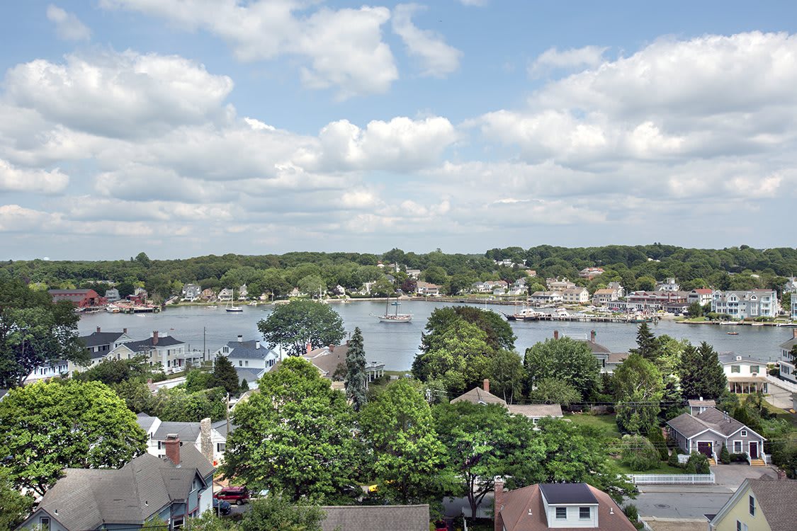 A scenic view of a waterfront community with lush greenery and cloudy skies.