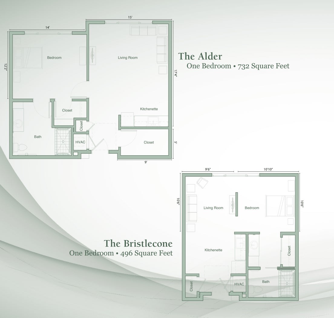 Two-floor plans labeled 'The Aiden' and 'The Brinkstone' showcasing different apartment layouts.