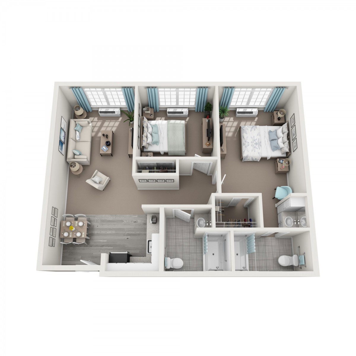 A 3D floor plan of an apartment showing multiple rooms, including bedrooms and a living area.