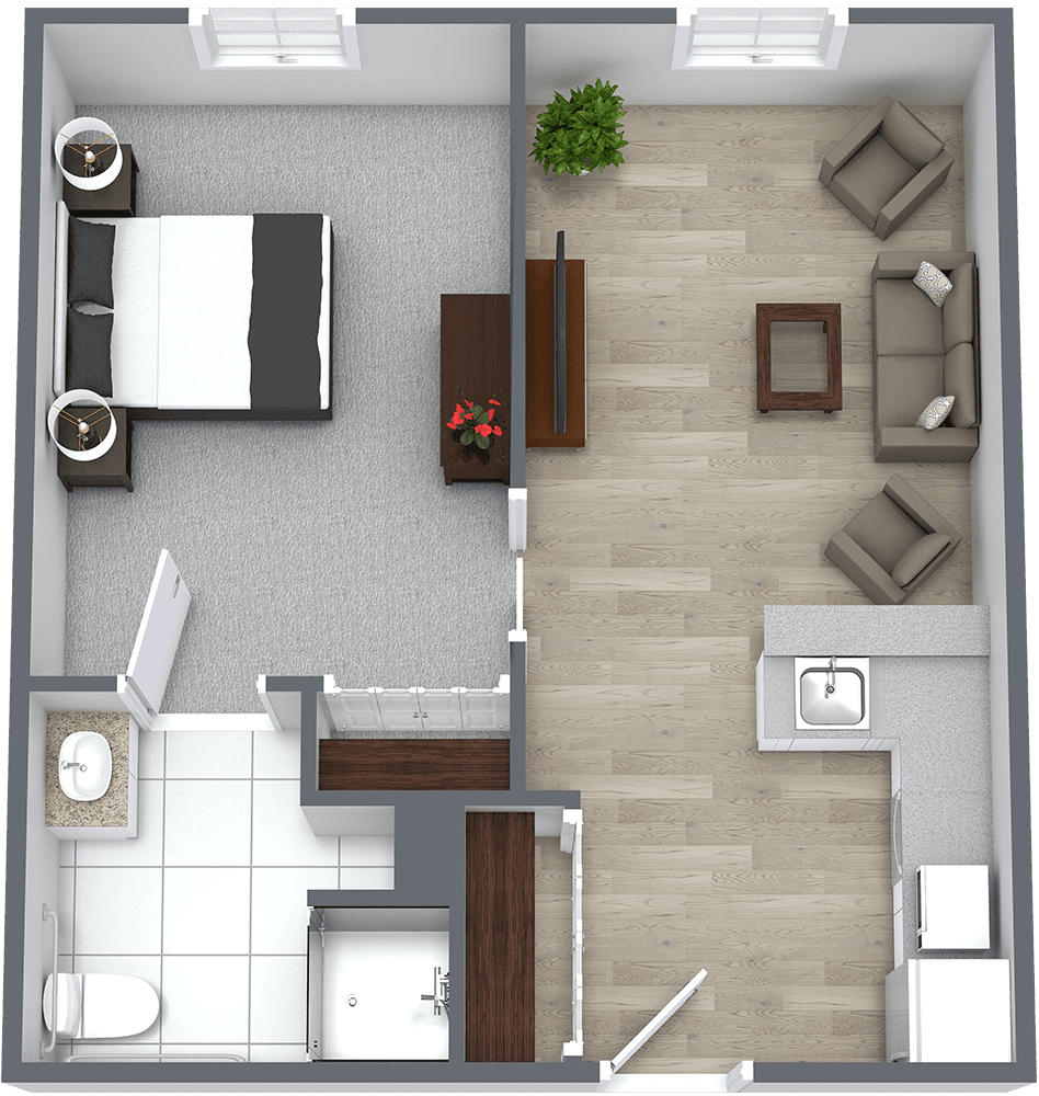 A 3D floor plan of a one-bedroom apartment featuring a living room, bedroom, kitchen, and bathroom.