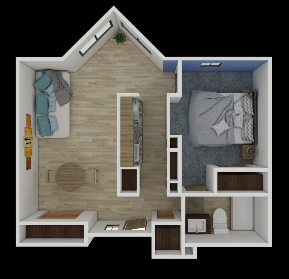 A 3D floor plan of a one-bedroom apartment, showcasing the layout and design.