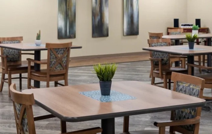 A modern restaurant interior with wooden tables, chairs, and decor including a potted plant centerpiece.