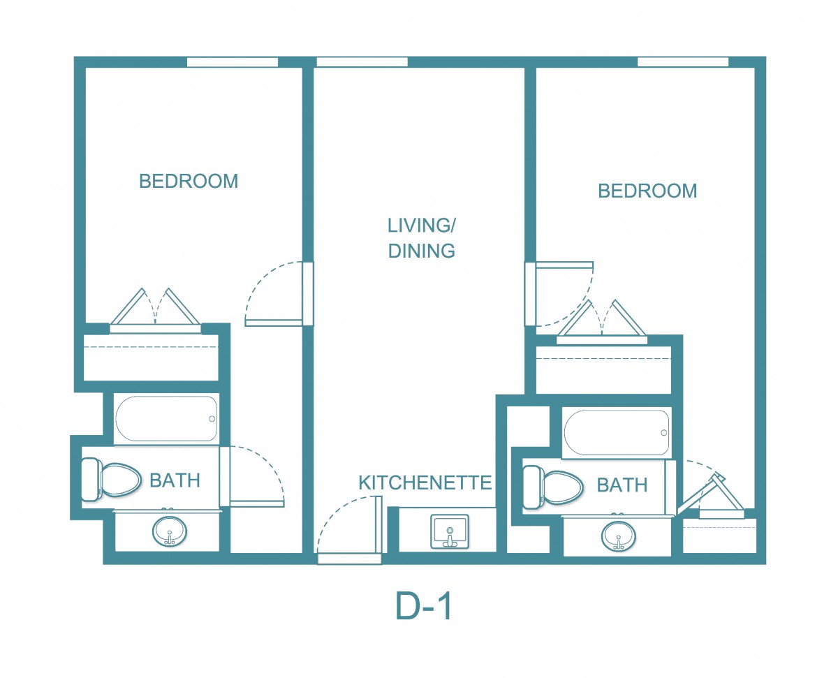 A floor plan of a two-bedroom, two-bathroom apartment with a living/dining area and kitchenette.