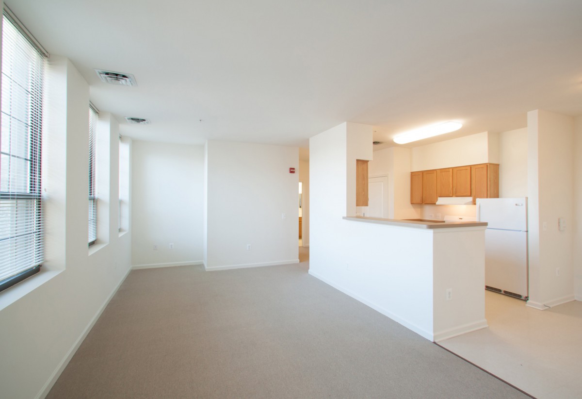 An empty open-concept living room and kitchen in an apartment, featuring ample natural light.