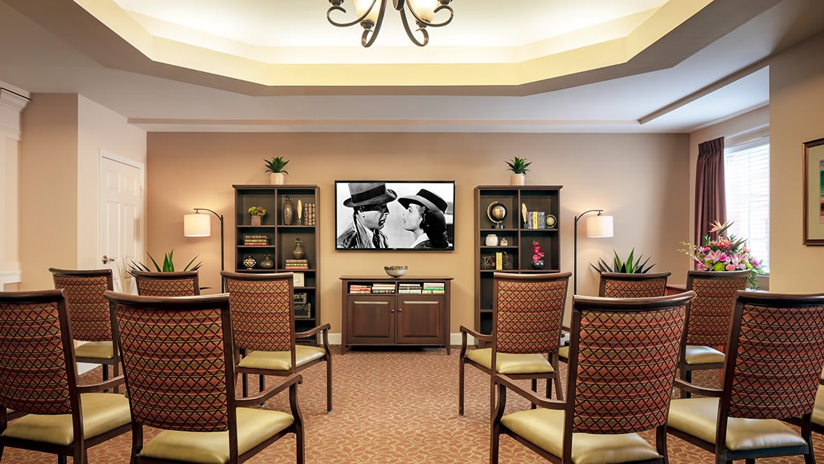 A cozy room with chairs arranged facing a television, surrounded by bookshelves and decorative plants.