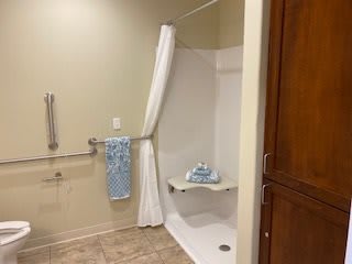 A bathroom with a walk-in shower, featuring a curtain and grab bar for accessibility.
