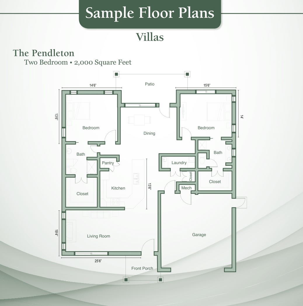 Sample floor plans for a villa with three bedrooms and an attached square feet description.