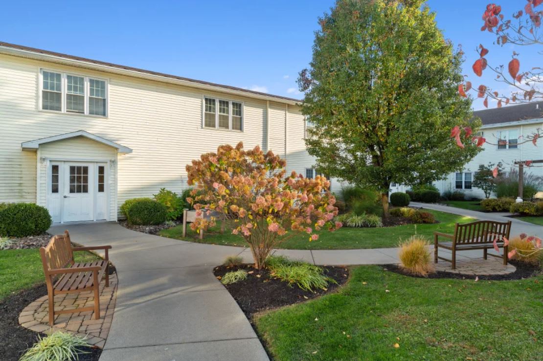 A landscaped yard with a tree and pathway leading to a building entrance.