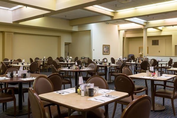 Empty dining area with neatly arranged tables and chairs in a restaurant.