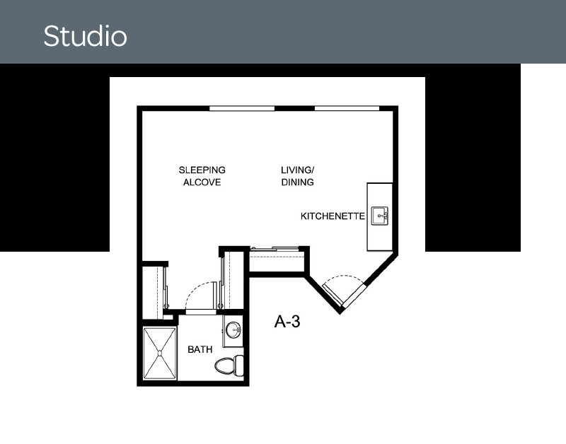 This image shows the floor plan of a studio apartment with designated areas for sleeping, living/dining, and a bathroom.