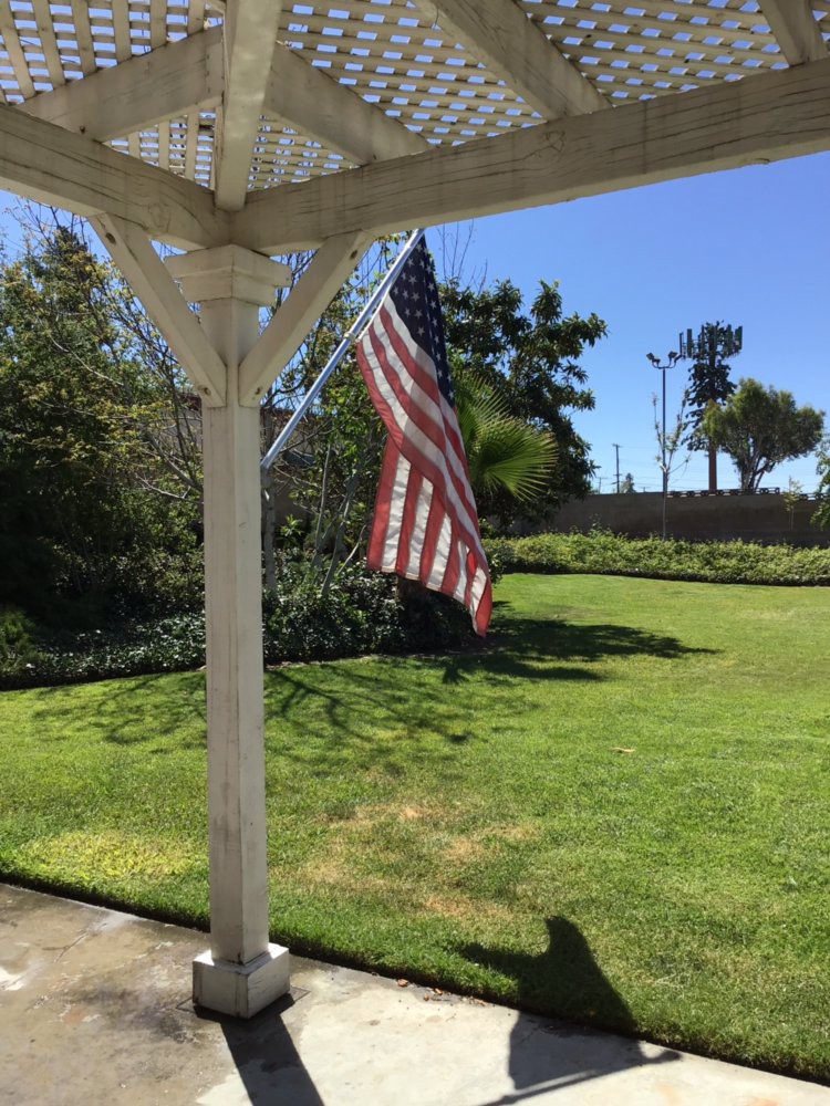 A sunny day view from a patio, featuring an American flag and a well-maintained garden.