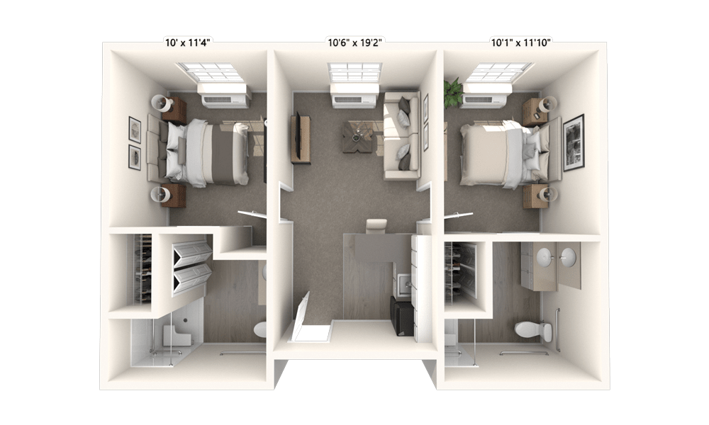 A two-bedroom apartment floor plan with a living area, kitchen, and bathroom.