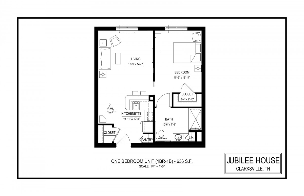 One-bedroom apartment floor plan with living room, kitchen, and bathroom.