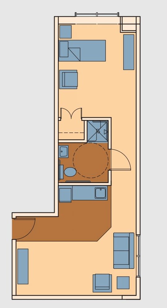 A compact floor plan layout of an apartment unit.