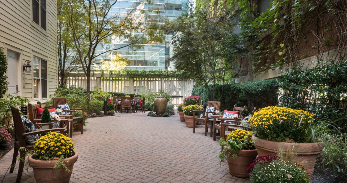 A tranquil urban patio garden with potted plants and seating arrangements.