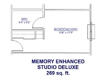 Floor plan of a Memory Enhanced Studio Deluxe apartment measuring 269 sq. ft.