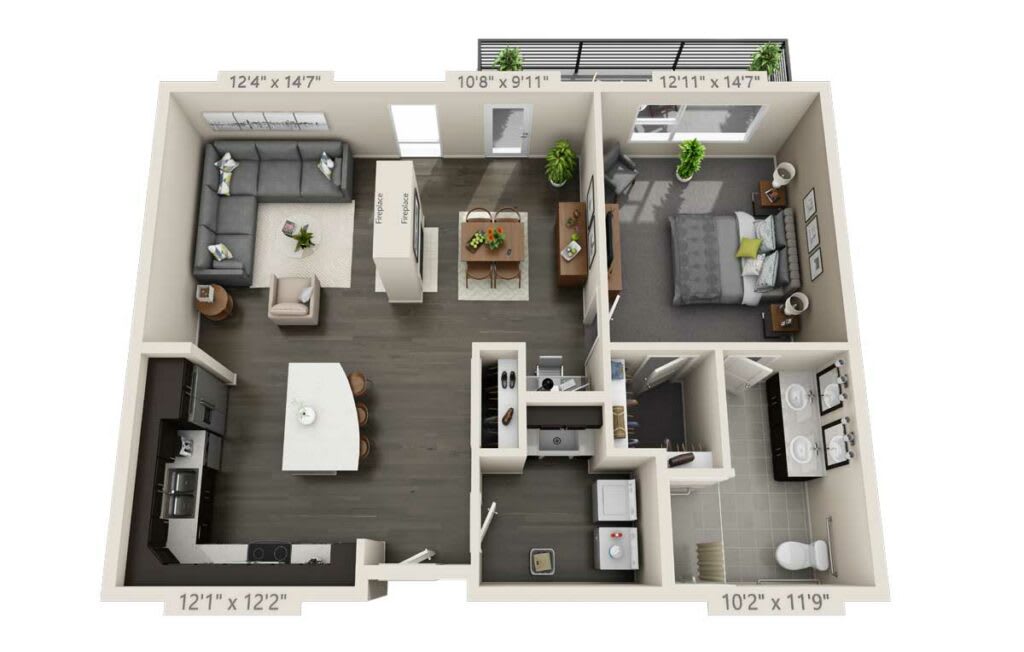 A 3D floor plan of a modern apartment featuring a living room, kitchen, bedroom, and bathroom.