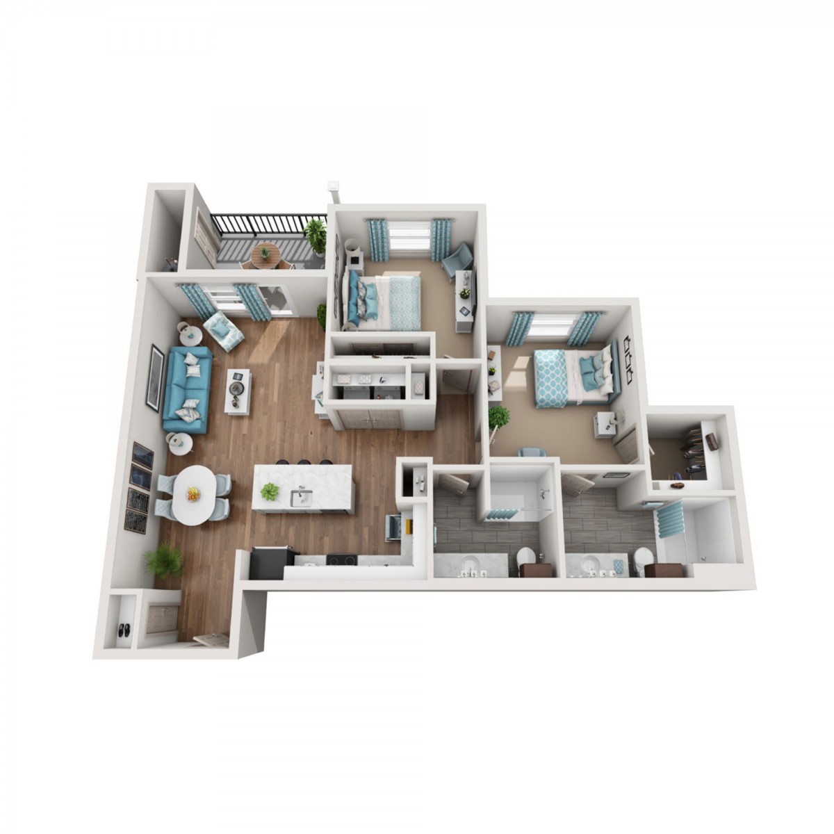 A 3D floor plan of a modern apartment with two bedrooms, a living area, and an open kitchen.