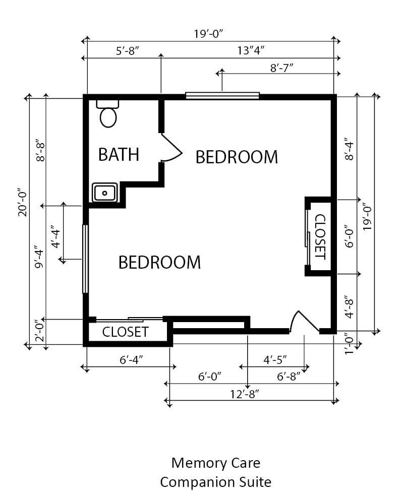 A floor plan layout with two bedrooms, a bathroom, and closets.