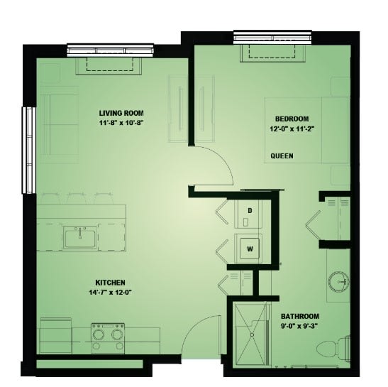 This is a floor plan of a one-bedroom apartment, featuring a living room, kitchen, and bathroom.