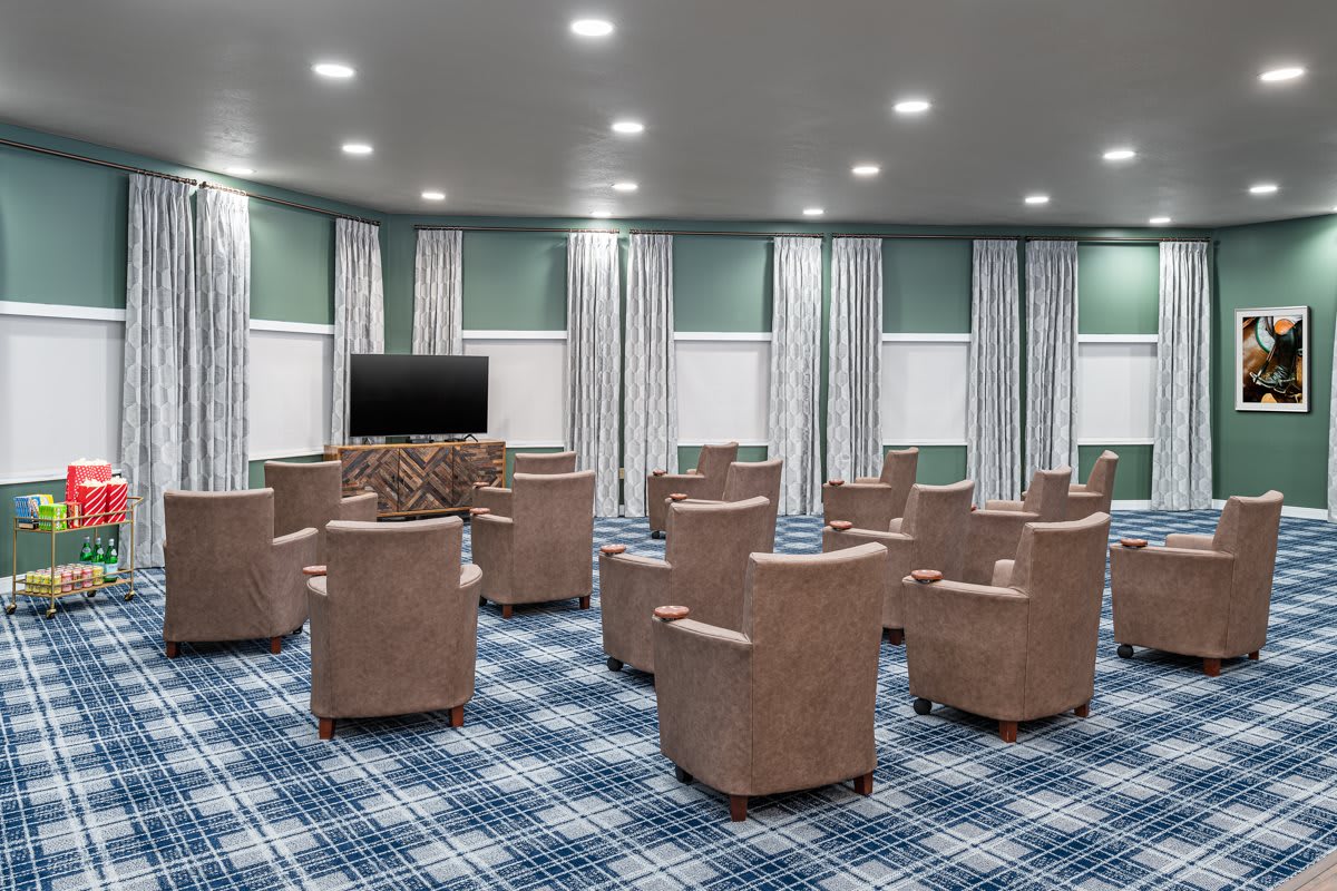 A conference room with comfortable chairs arranged around a television, featuring patterned carpeting and curtain-covered windows.