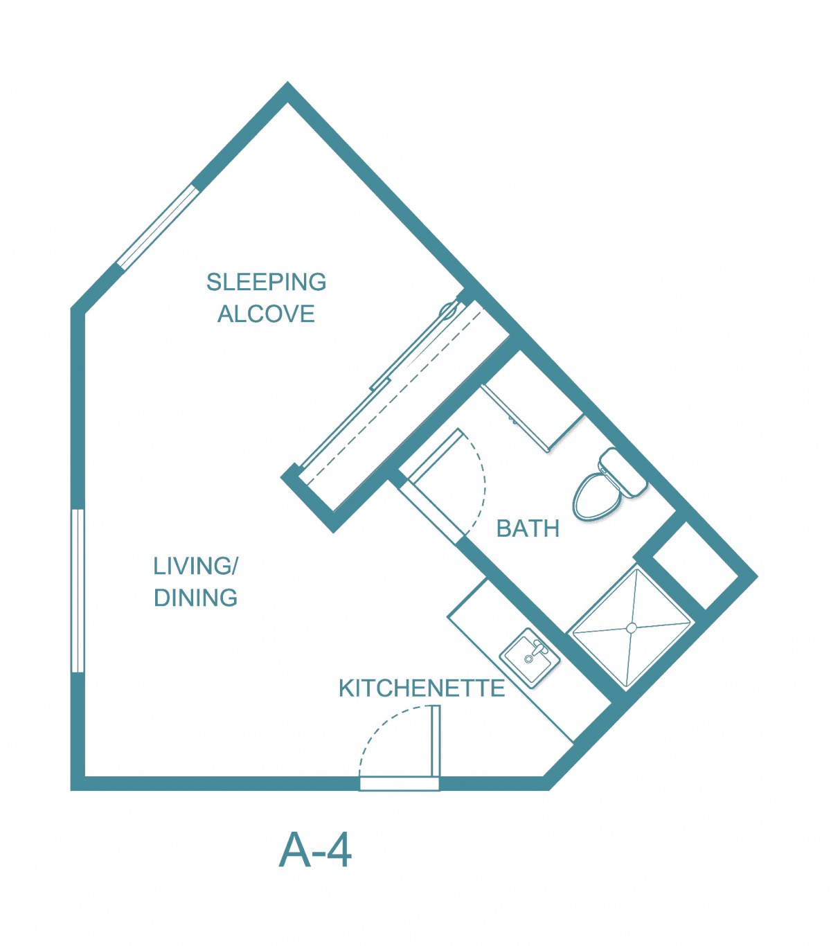 A floor plan layout of a studio apartment labeled with sleeping alcove, living/dining area, bath, and kitchenette.