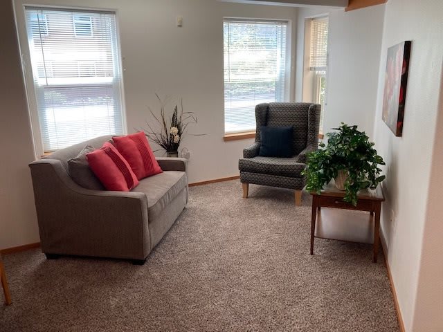 A cozy living room with a sofa, armchair, and indoor plants.