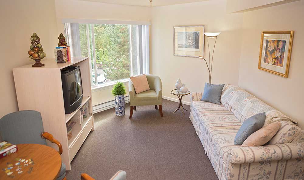 A cozy living room with a sofa, armchair, and television, featuring a large window and carpeted floor.