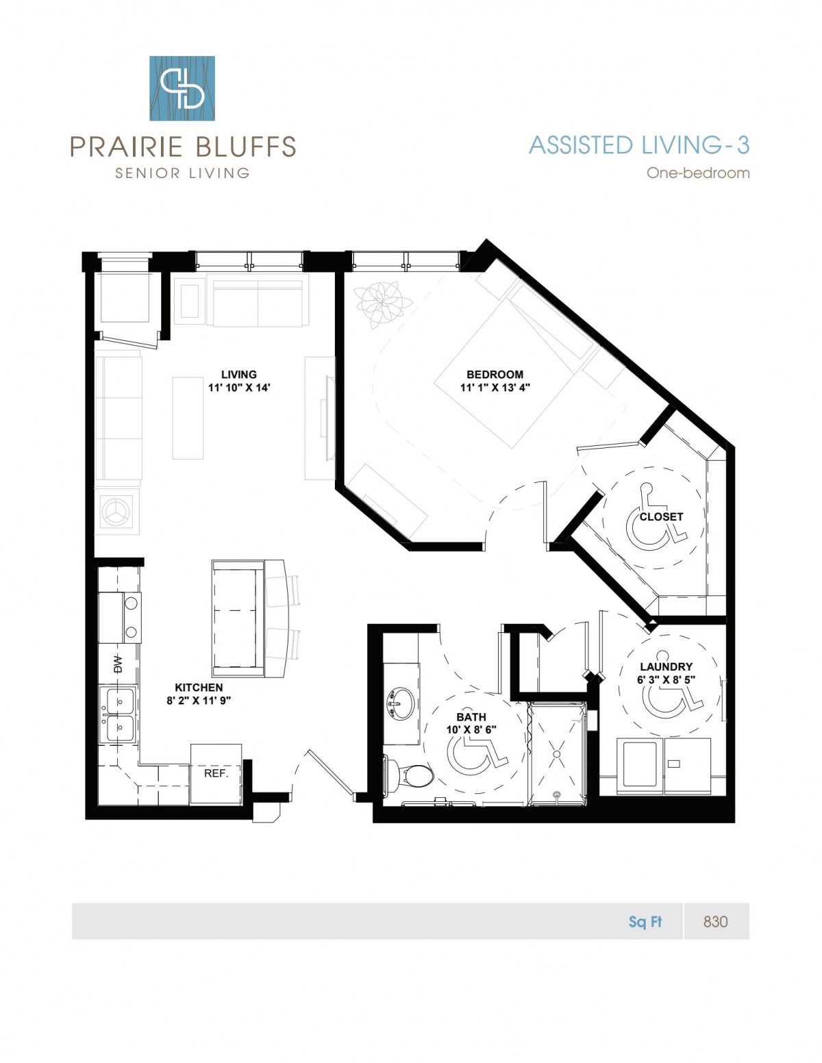 Floor plan of a Prairie Bluffs Assisted Living apartment unit.