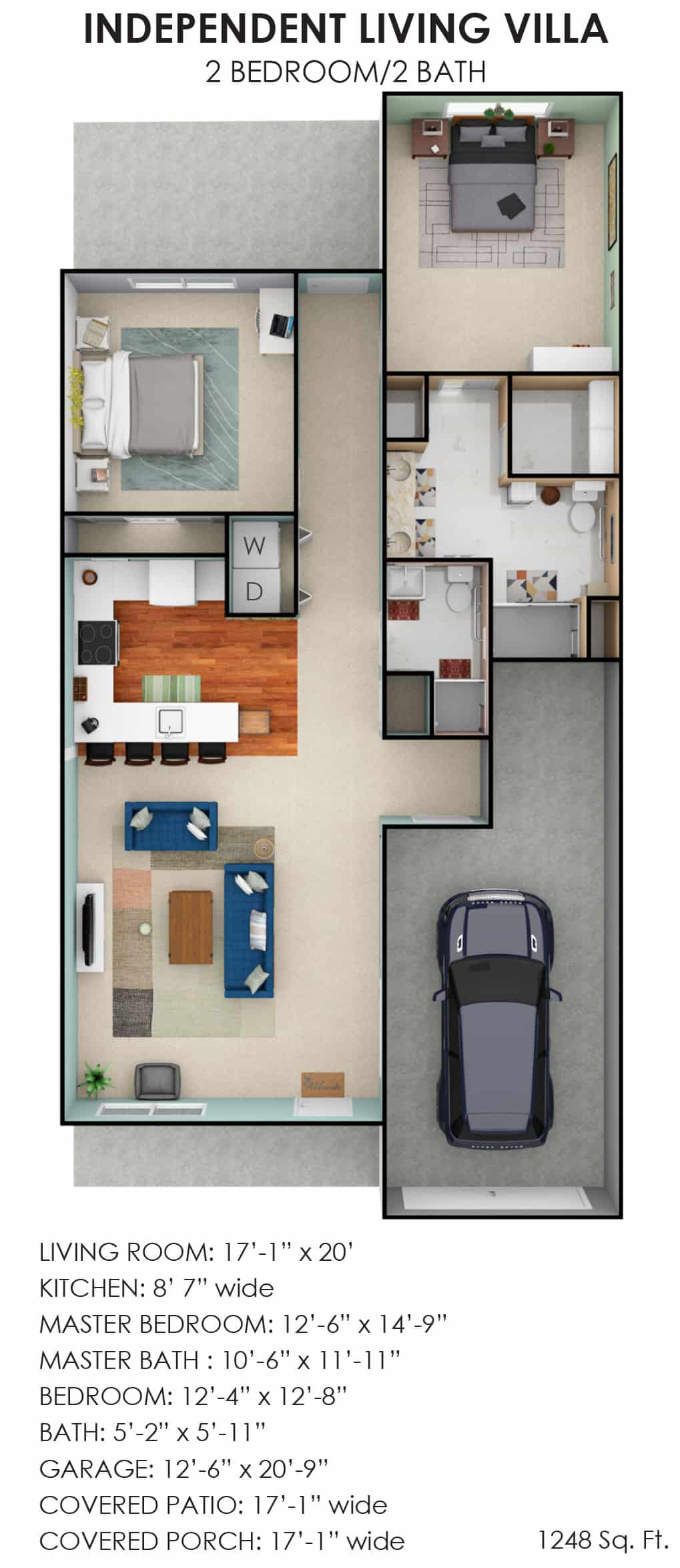 A detailed floor plan of a modern house featuring a garage, living room, kitchen, and bedroom.
