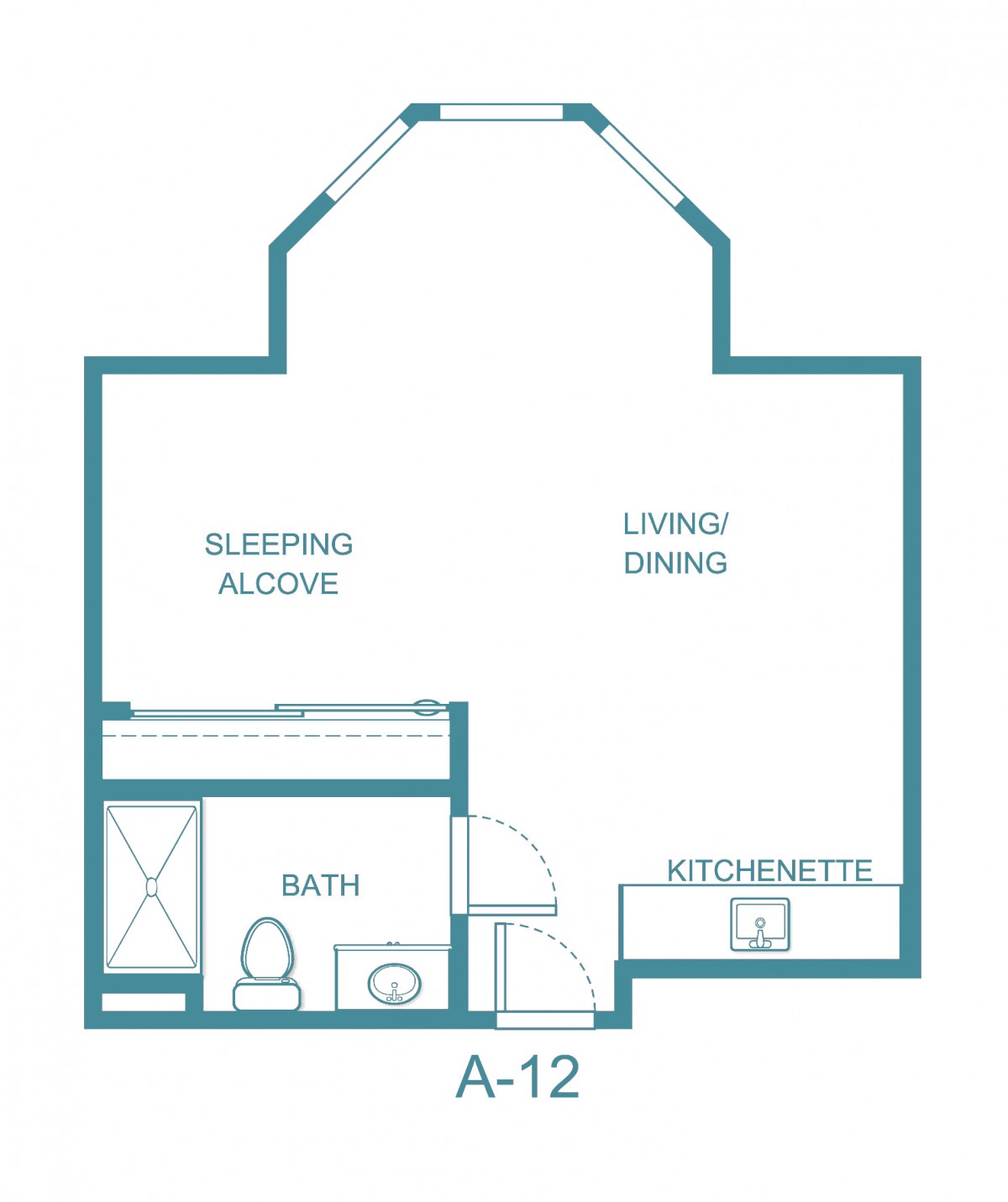 Studio apartment floor plan featuring a sleeping alcove, living/dining area, kitchenette, and bathroom.