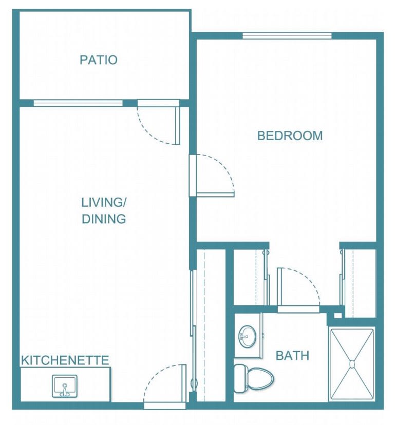 A simple floor plan of a one-bedroom apartment, featuring a living/dining area, kitchen, bathroom, bedroom, and patio.