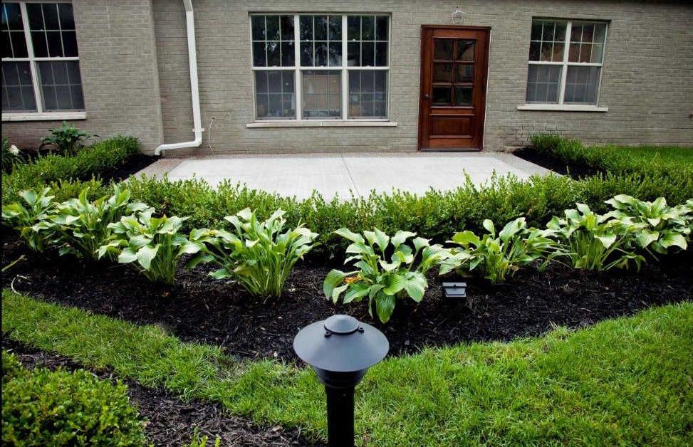 A neatly landscaped garden with a variety of plants in front of a house patio.