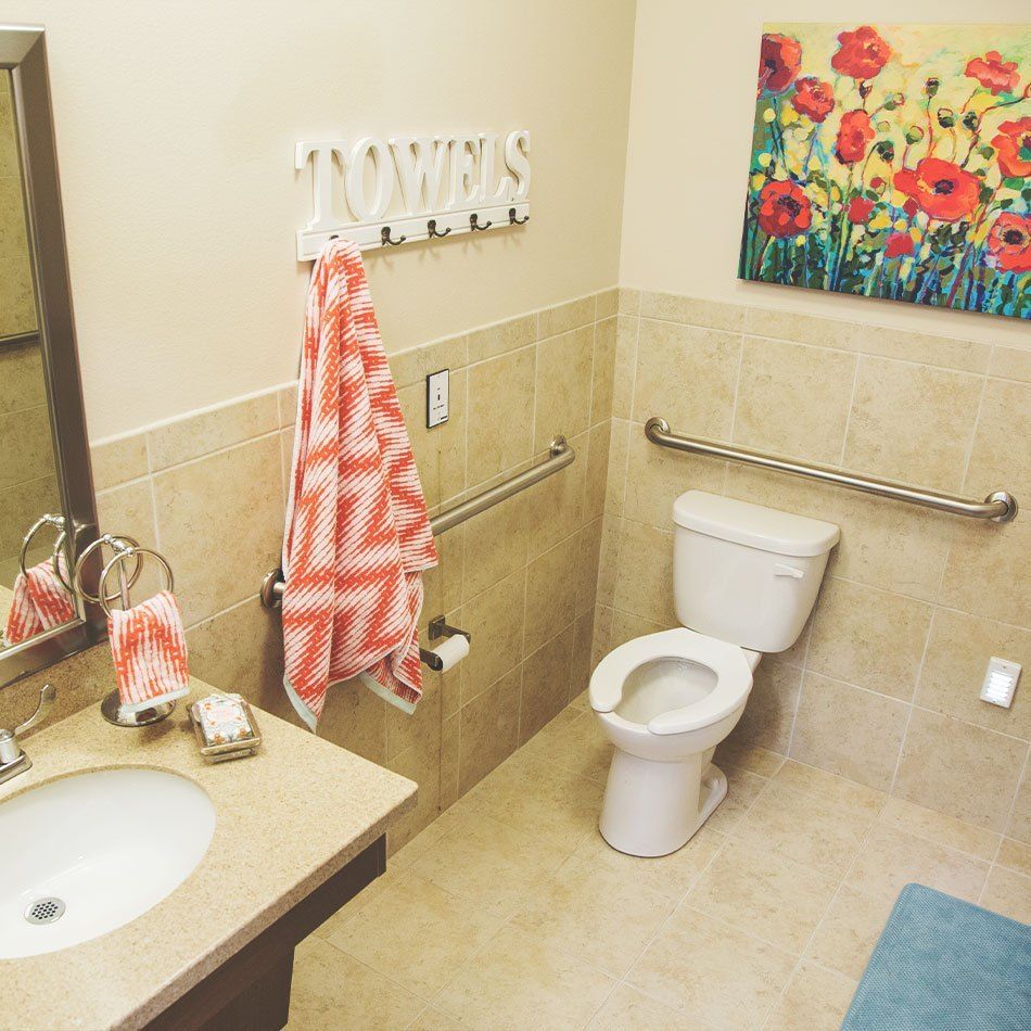 A well-organized, handicap-accessible bathroom featuring a sink, mirror, toilet, towel rack, and vibrant artwork.