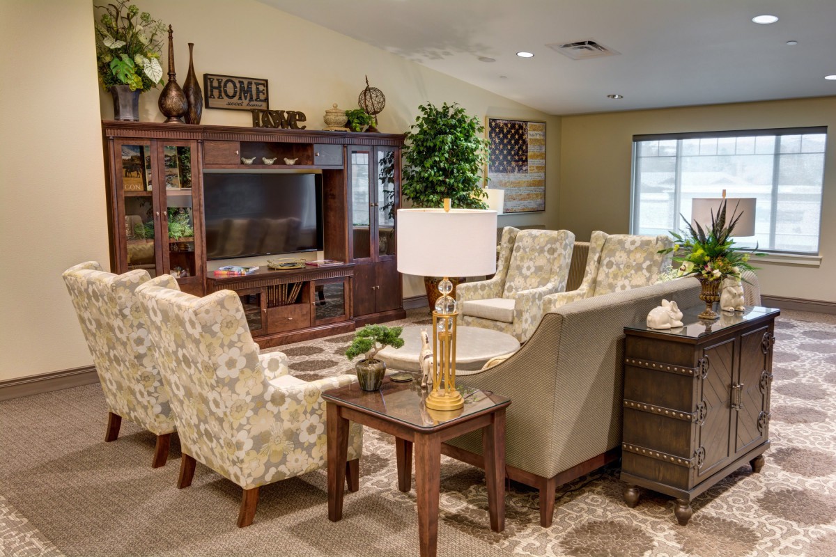 A cozy living room with elegant furniture and decor, featuring a television unit and comfortable seating.