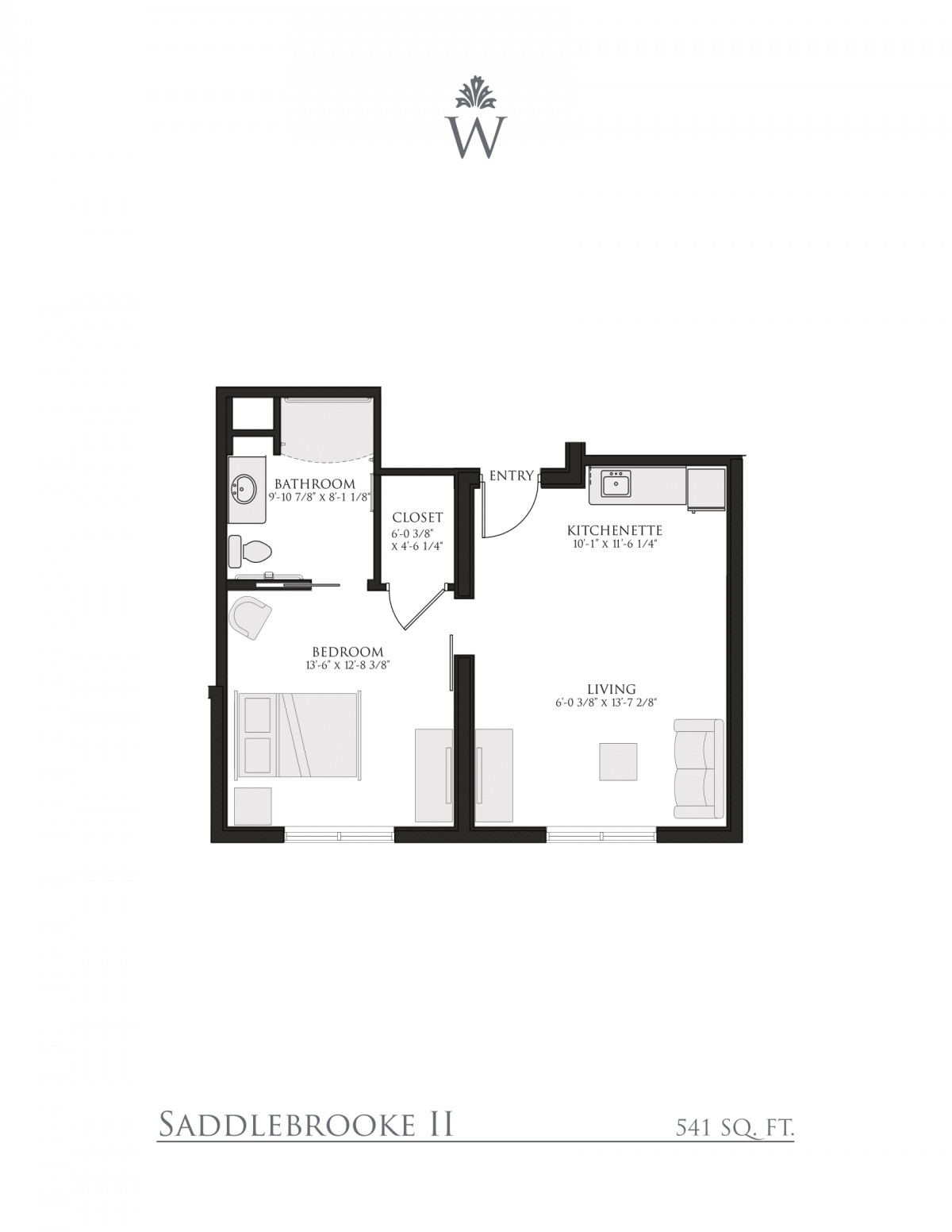 A simple one-bedroom apartment floor plan with a bathroom and living space.