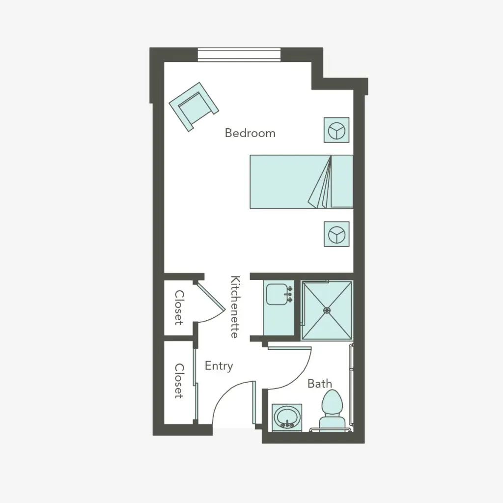 Studio apartment floor plan with designated areas for bedroom, entry, closet, bath, and WC.