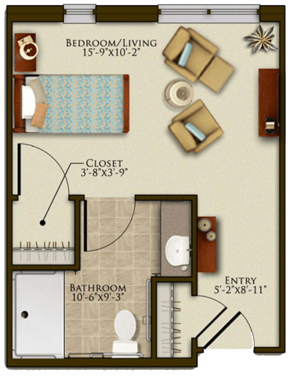 Floor plan of a one-bedroom apartment with labeled room dimensions and furniture layout.