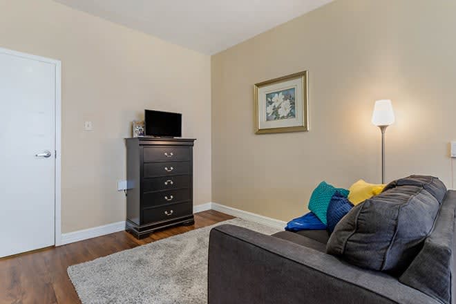 A cozy living room corner featuring a dresser with a TV on top, a sofa with colorful cushions, and a framed artwork on the wall.