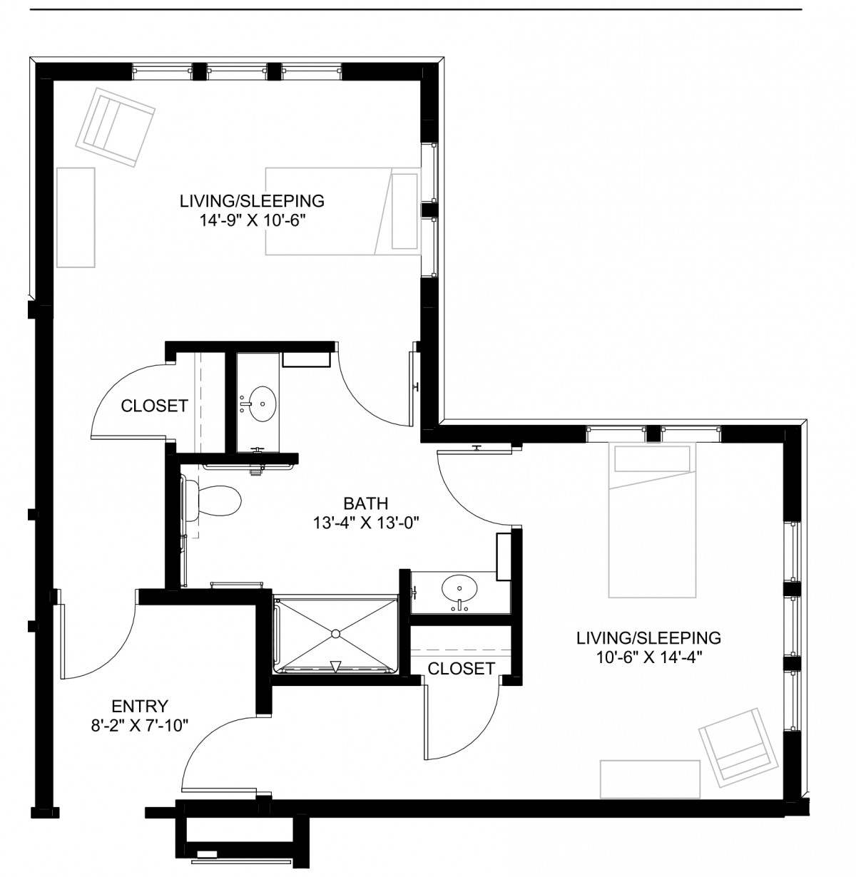 Floor plan of a two-bedroom apartment with labeled dimensions.