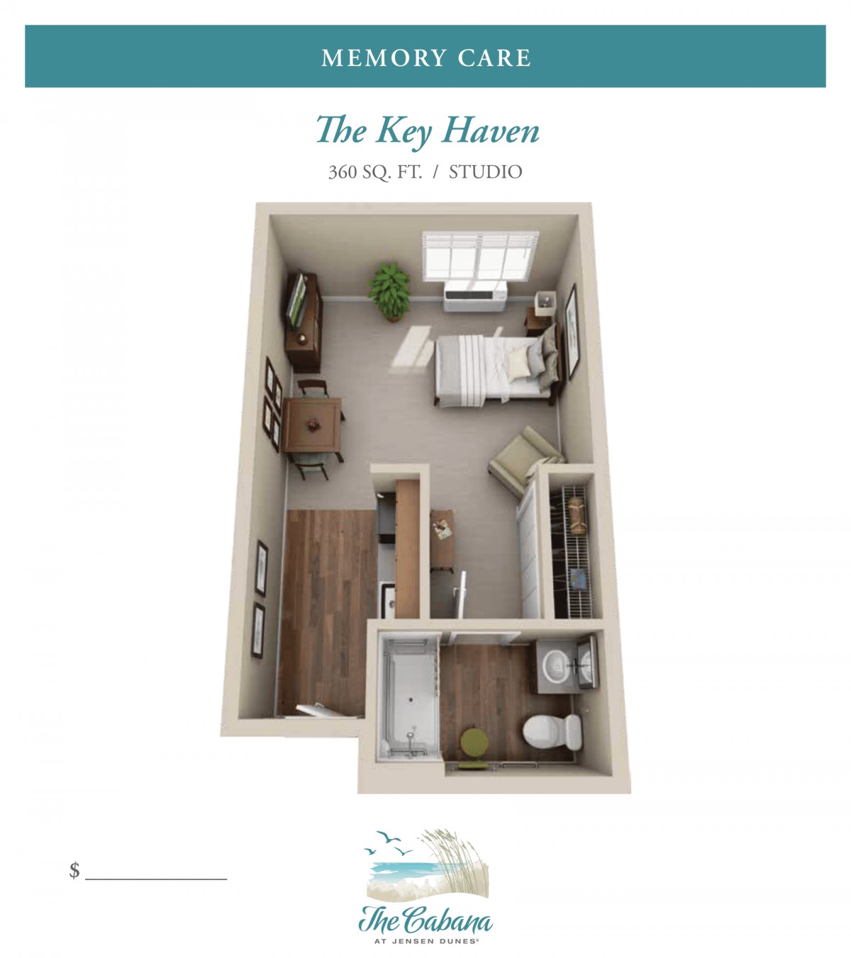 A 3D floor plan of a compact studio apartment featuring a bedroom, living area, and bathroom.